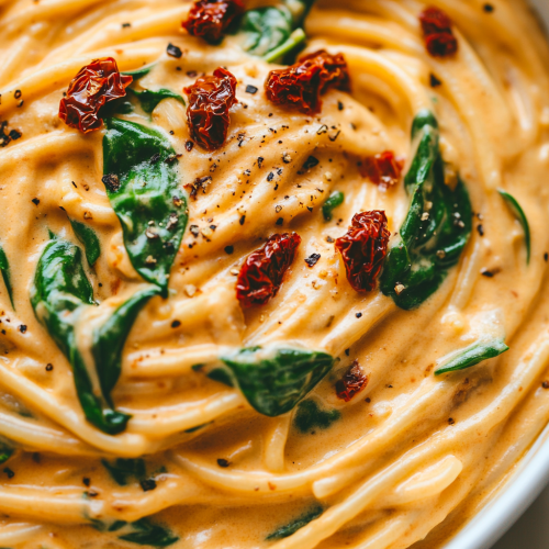 Creamy pasta with sun-dried tomatoes and spinach in bowl