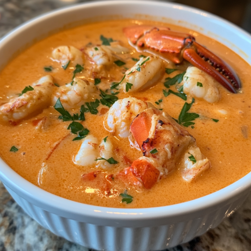 Creamy seafood bisque with crab, shrimp, lobster garnished