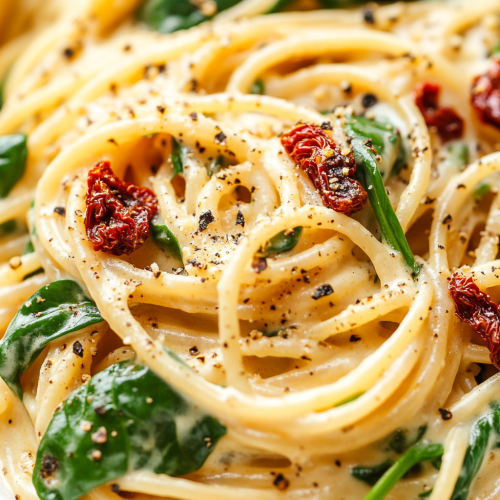 Creamy spaghetti with spinach, sun-dried tomatoes in cream sauce