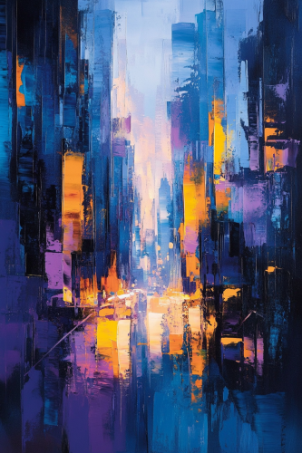Create abstract canvas of city at dusk: energy, elegance. Create abstract canvas of city at dusk: energy, elegance.