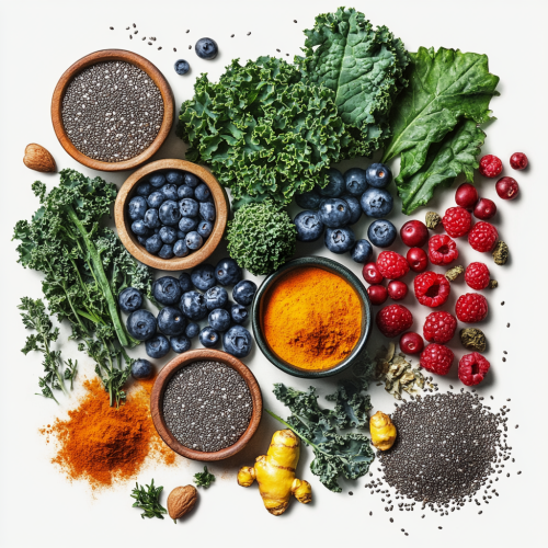 Create realistic, colorful image of nutritious superfoods blend.