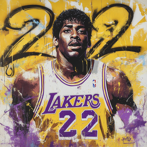 Create vibrant graffiti mural of Magic Johnson with number 32.