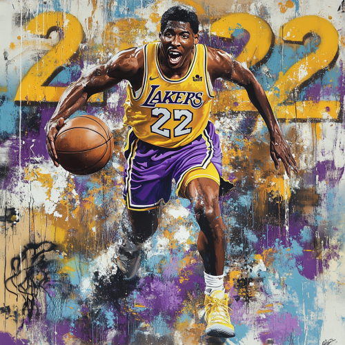 Create vibrant graffiti mural of Magic Johnson.