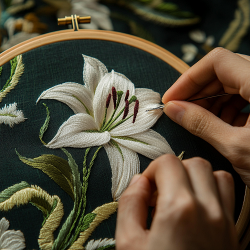 Creating lily flower design on beige silk fabric