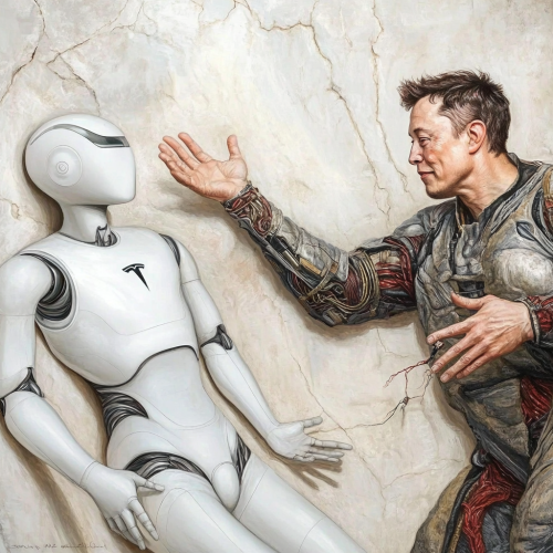 Creation of Adam painting recreated with Adam android, Elon Musk.