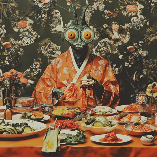 Creepy creature with kimchi and Korean folklore theme