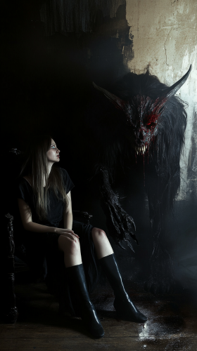 Creepy girl and demon in dark ritual scene