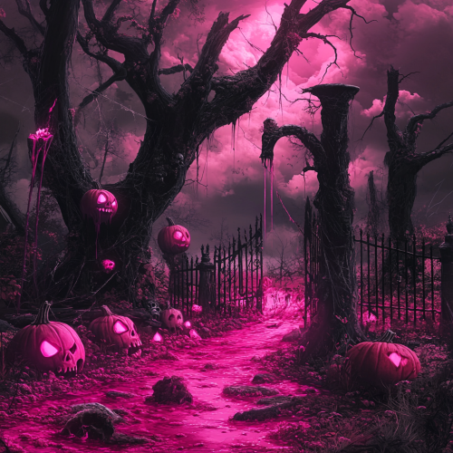 Creepy hot pink forest with skulls and jack-o-lanterns