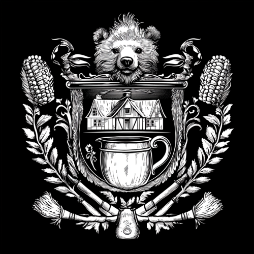 Crest with house, broom, stone, bear mug.