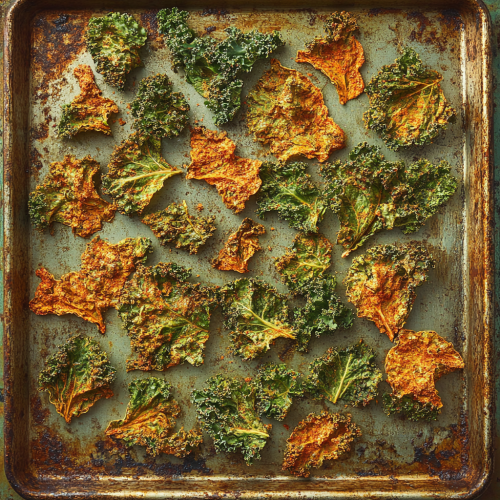 Crispy kale chips seasoned with paprika on tray