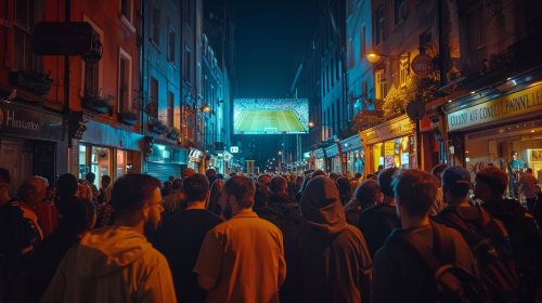 Crowded night street for big screen football watching