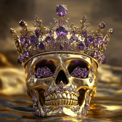 Crown with purple jewels on skull, gold background.