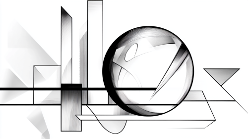 Crystal ball in black ink outline with geometric shapes