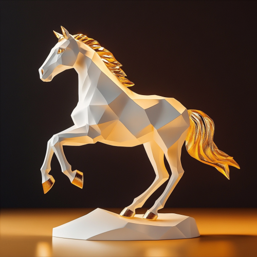 Cubist white horse sculpture with gold accents