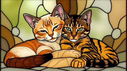 Cuddling Flame Point Siamese and Tabby Cat in Stained Glass