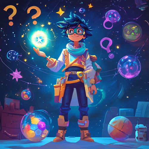 Curious explorer holds glowing object surrounded by symbols.