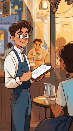 Customer smiling at barista in cozy cafe ambiance.