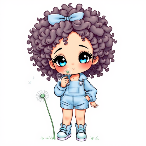 Cute Chibi Girl Blowing Dandelion in Blue Overalls
