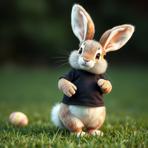 Cute Easter Bunny in Black T-Shirt on Grass