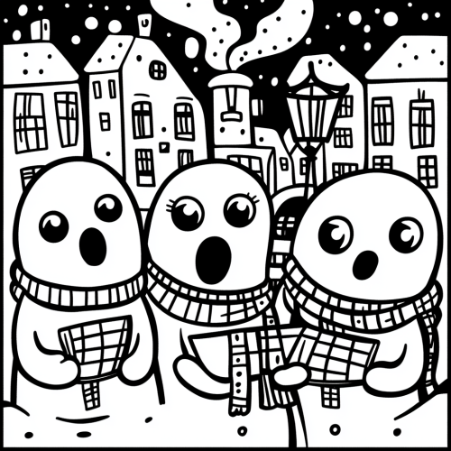 Cute Ghost Carolers in Snowy Town Scene