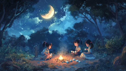 Cute Girl Roasting Marshmallows with Friends Under Moonlit Sky Cute Girl Roasting Marshmallows with Friends Under Moonlit Sky