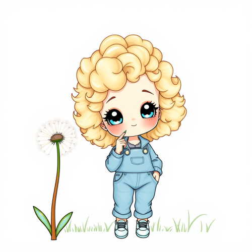 Cute Girl in Blue Outfit Blowing Dandelion Illustration