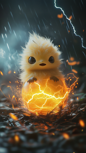 Cute Joltik hatching from electric egg under lightning sky.