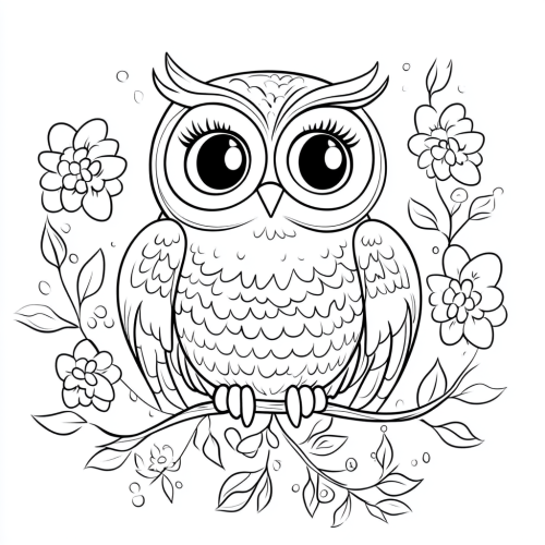 Cute Owl Coloring Page for Kids, Cartoon Style, Dreamlike.