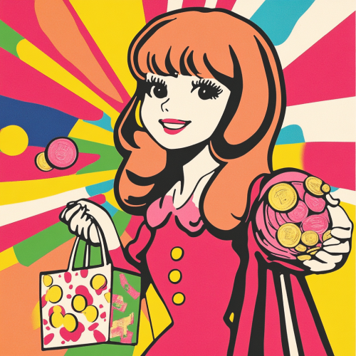 Cute anime girl shops with coins and candy.