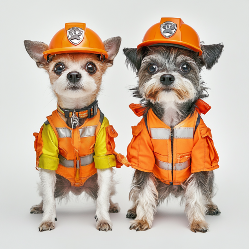 Cute dogs in Paw Patrol construction worker costume