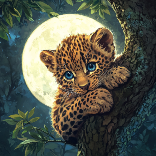 Cute fluffy leopard cub with blue eyes on tree Cute fluffy leopard cub with blue eyes on tree
