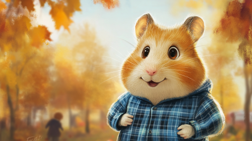 Cute hamster in blue shirt with autumn forest background