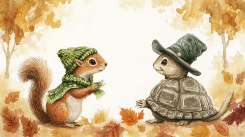 Cute squirrel and old turtle in forest