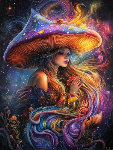 Cute witch on rainbow mushroom rides through space.