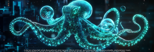 Cybernetic octopus connected to glowing spheres in void.