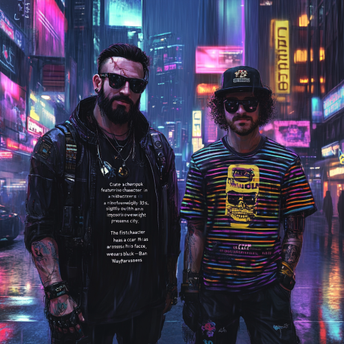 Cyberpunk city: rugged man and friendly companion stand together.