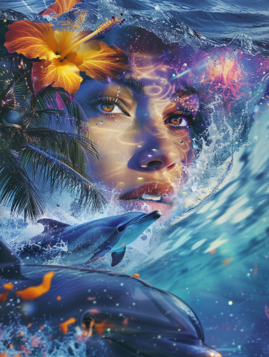 Cyberpunk dolphin in cosmic waves with beauty queen. Cyberpunk dolphin in cosmic waves with beauty queen.
