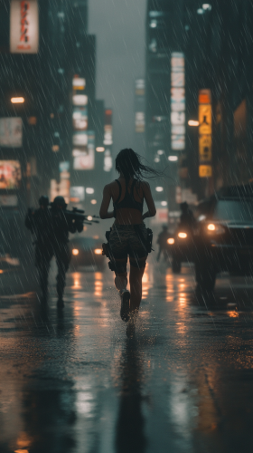 Cyberpunk neo-Tokyo with teenage girl running from swat.