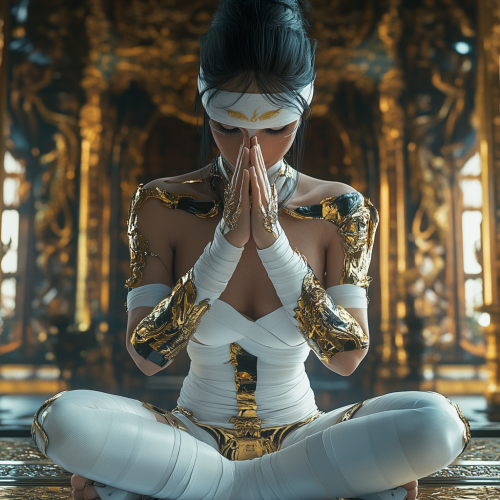 Cyborg woman in gold and black, praying in temple.