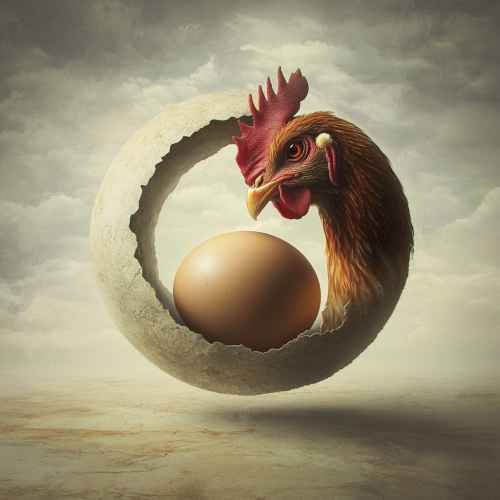 Cyclical blend of chicken and egg in surreal style.