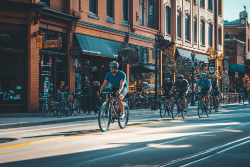 Cyclists ride in city with restaurants, shops