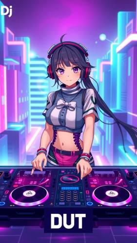 DJ Unity Token Anime Girl in Neon Cyberpunk City