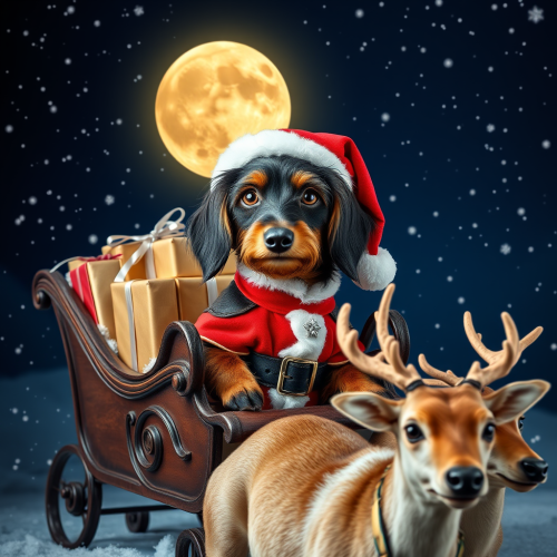 Dachshund in Santa Suit in Reindeer-Pulled Sleigh