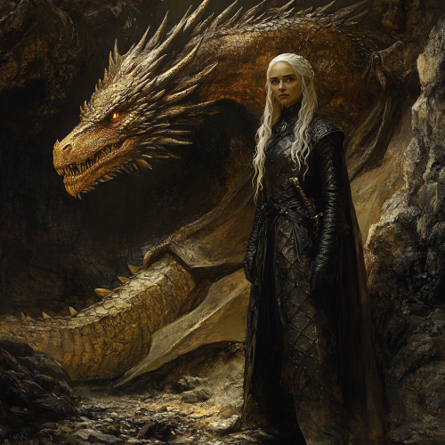 Daemon Targaryen in dark cave with golden dragon.