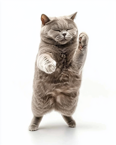 Dancing British Shorthair cat in gymnastic pose.