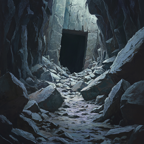 Dark, cold ruins with large boulders blocking pathway.