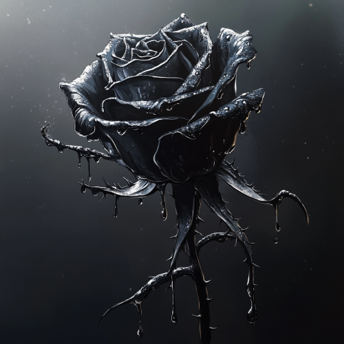 Dark, silver-lined rose with sharp, twisted thorns.
