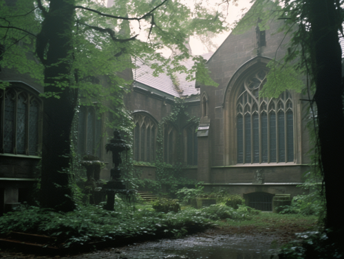 Dark Fantasy Abbey in Rainy Forest
