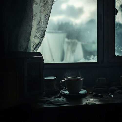 Dark Room with Tea Cup on Messy Table