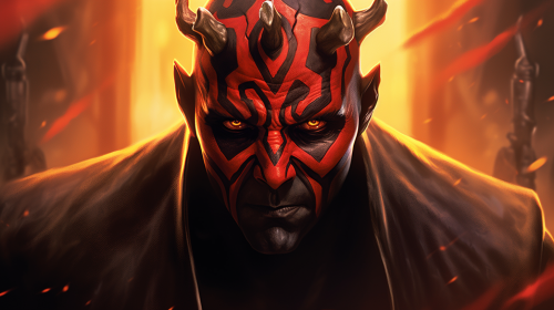 Dark Sith Darth Maul stares intensely with fire backdrop
